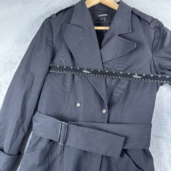 Express Womens Trench Coat Size 5/6 Quilted Belt Y2K Double Breasted Black - Picture 8 of 12